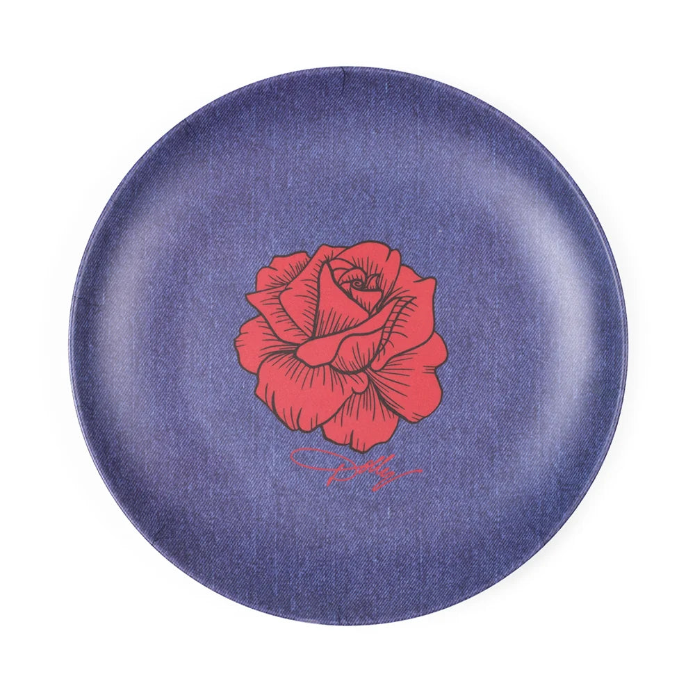 Dolly Parton melamine serving platter featuring a denim texture and pink country roses pattern across the center
