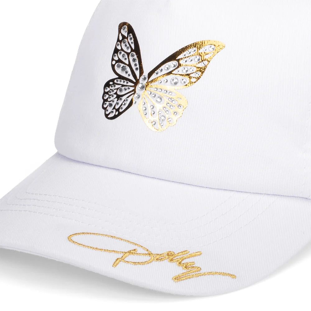 Back view of the white hat featuring an adjustable strap closure