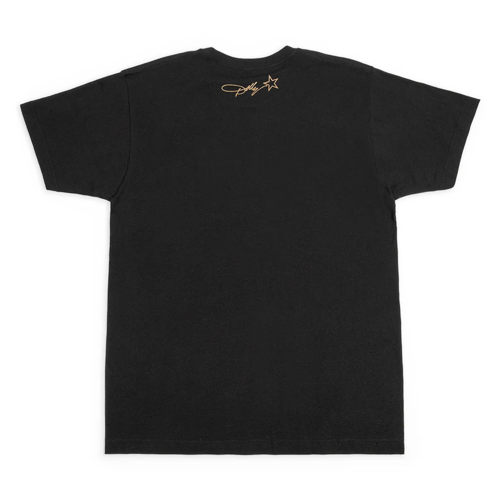 Folded view of the black Dolly Parton Rockstar t-shirt showcasing the soft cotton fabric texture