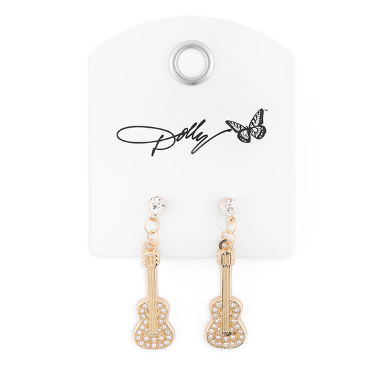 Dolly Parton rhinestone guitar earrings shown against a clean background, featuring a detailed electric guitar silhouette paved with sparkling crystal rhinestones