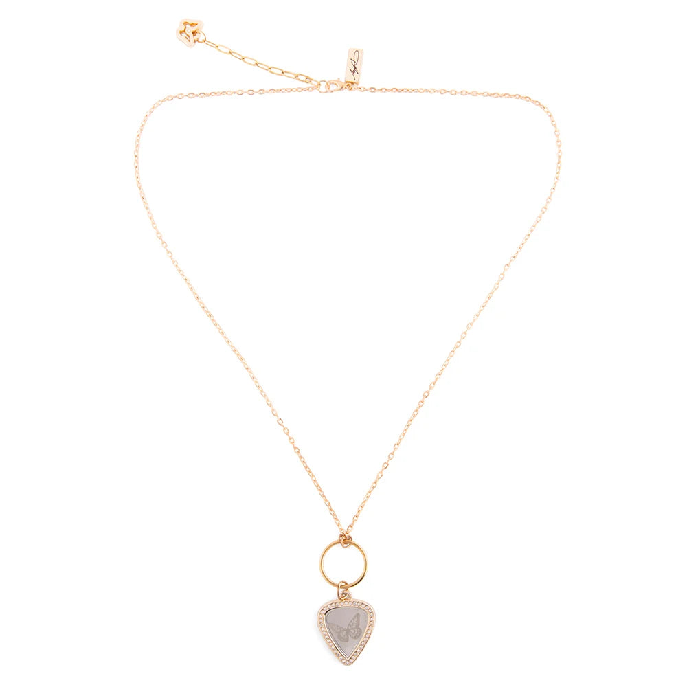 Dolly Parton butterfly guitar pick pendant necklace shown centered on a clean background