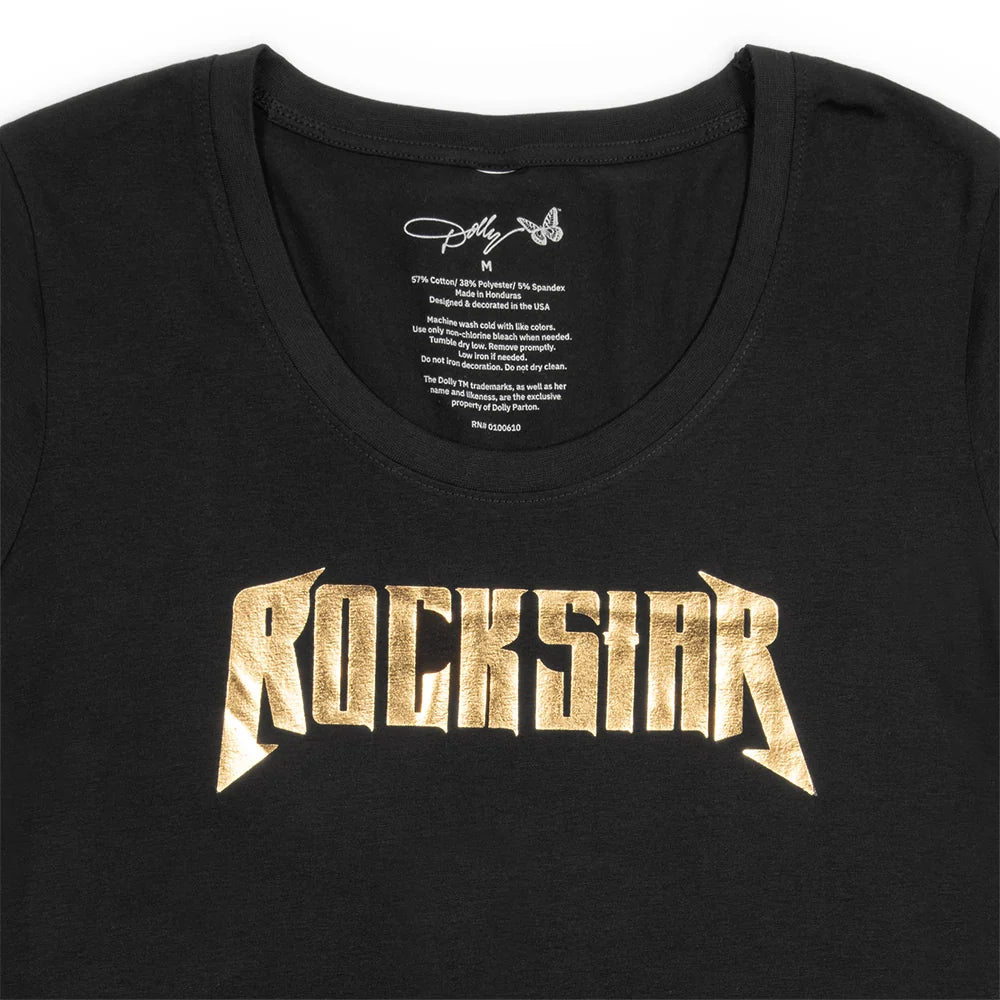 Close-up view of the V-neck collar and Rockstar graphic detailing on the black t-shirt