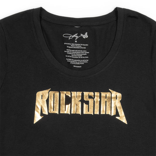 Close-up view of the V-neck collar and Rockstar graphic detailing on the black t-shirt