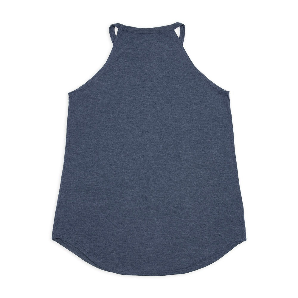 Folded navy tank top displaying the collar and official brand tag