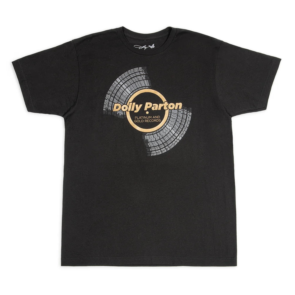 Black crewneck t-shirt featuring a metallic platinum and gold record graphic centered on the front