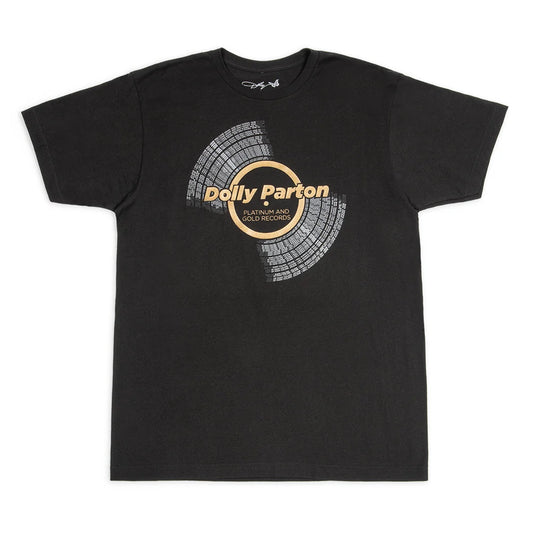 Black crewneck t-shirt featuring a metallic platinum and gold record graphic centered on the front
