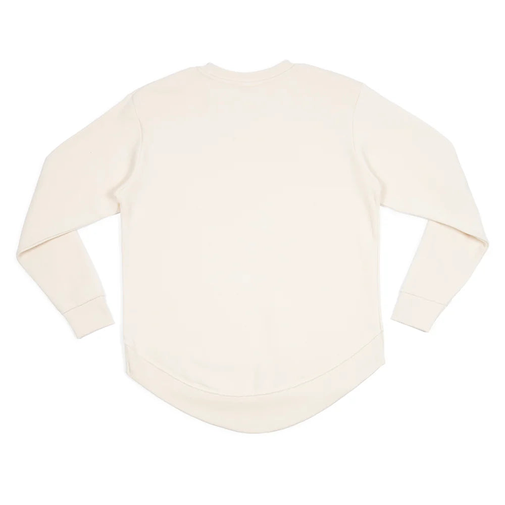Detailed view of the collar tag and fabric finish on the official Dolly Parton sweatshirt
