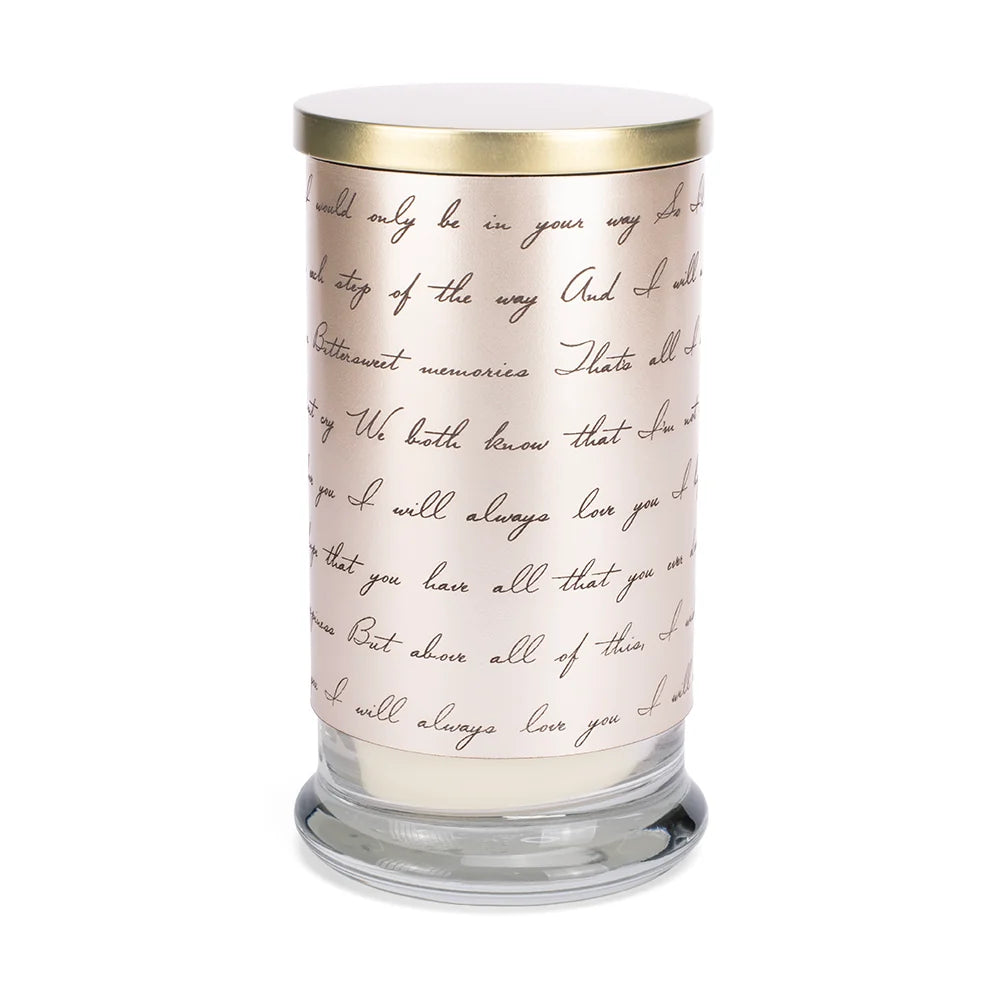 Pearl platinum jar candle featuring I Will Always Love You in black script lettering on the front