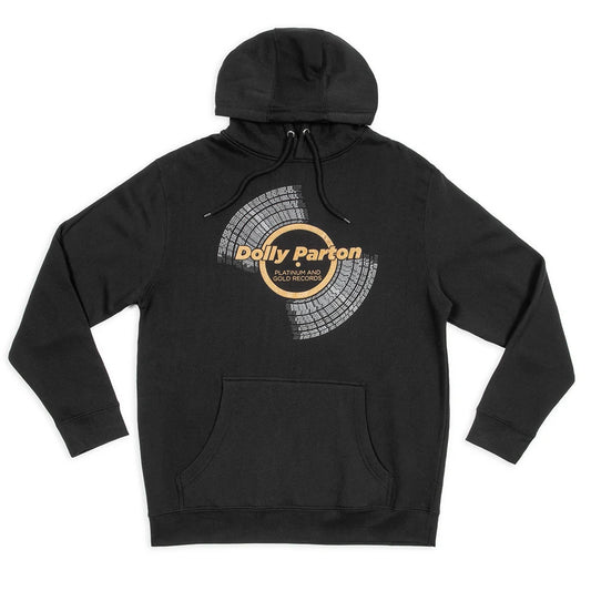 Black pullover hoodie featuring a graphic of a Dolly Parton Platinum and Gold Record on the front chest