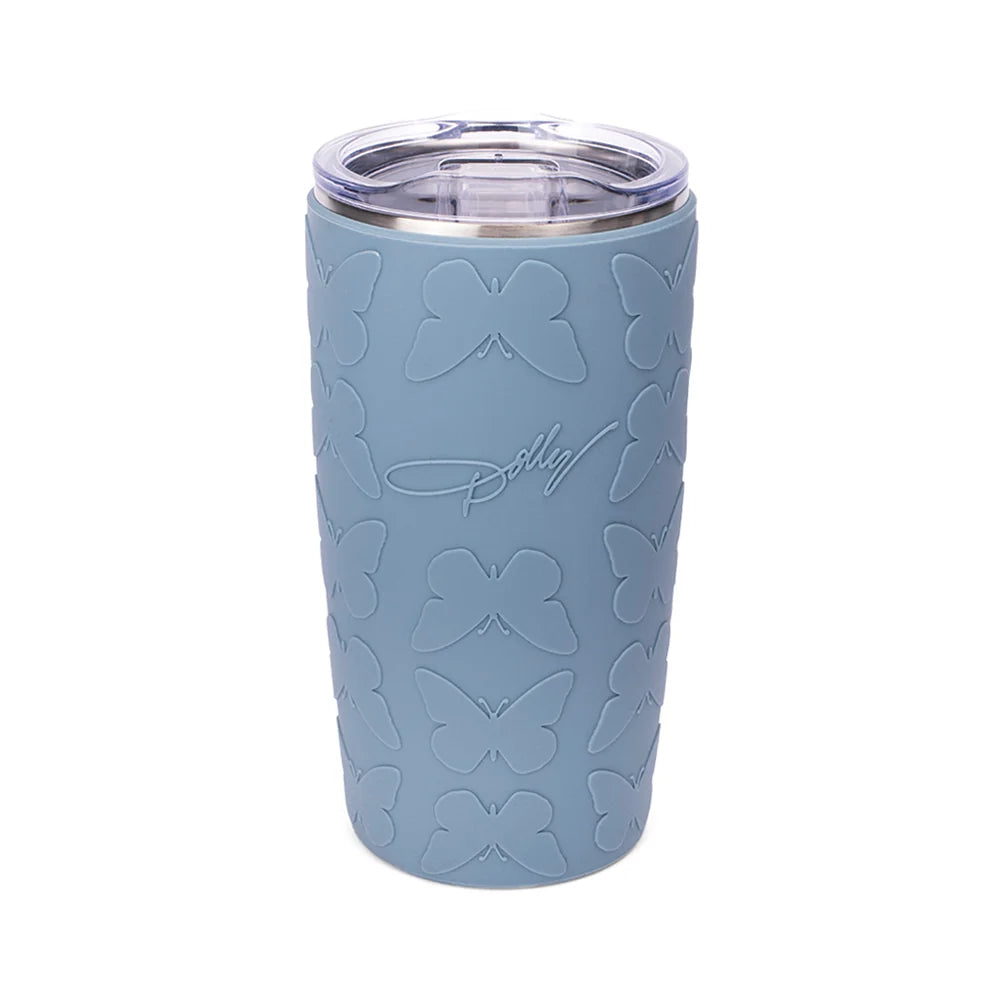 Dolly Parton blue stainless steel tumbler with an all-over embossed butterfly pattern
