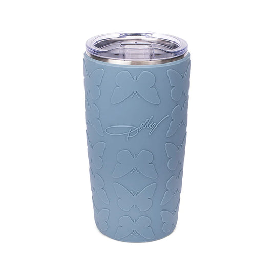 Dolly Parton blue stainless steel tumbler with an all-over embossed butterfly pattern