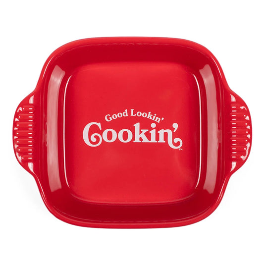 Angled side view of the square casserole dish highlighting the durable ceramic finish and graphic placement