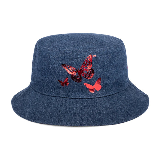 Dolly Parton denim bucket hat with a shimmering foil butterfly graphic centered on the front