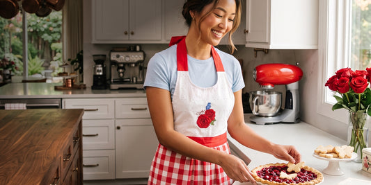 A woman in a bright kitchen wearing a white apron with red gingham trim and red roses, preparing a fruit pie. The kitchen features white cabinets, a red stand mixer, and a vase of red roses on the counter.