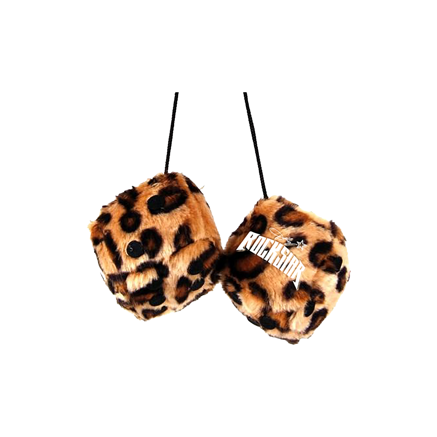 Official Dolly Parton Merchandise. Custom fuzzy leopard print dice embroidered with the Dolly Parton Rockstar logo. Hang 'em in your sweet ride.