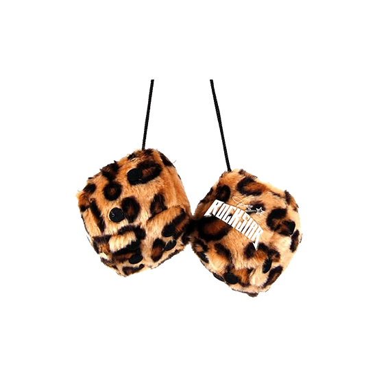 Official Dolly Parton Merchandise. Custom fuzzy leopard print dice embroidered with the Dolly Parton Rockstar logo. Hang 'em in your sweet ride.