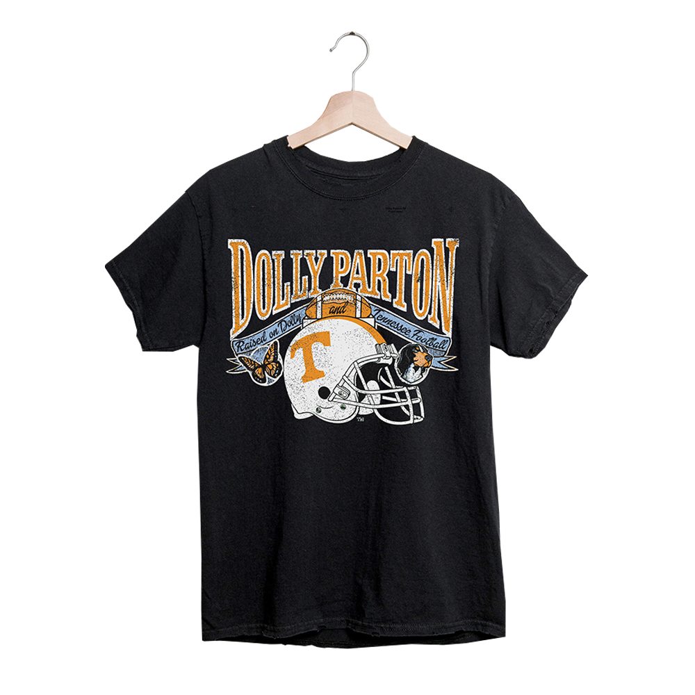 Load image into Gallery viewer, Official Dolly Parton Merchandise. 100% black cotton unisex t-shirt with Dolly Parton and the Tennessee Vols football helmet

