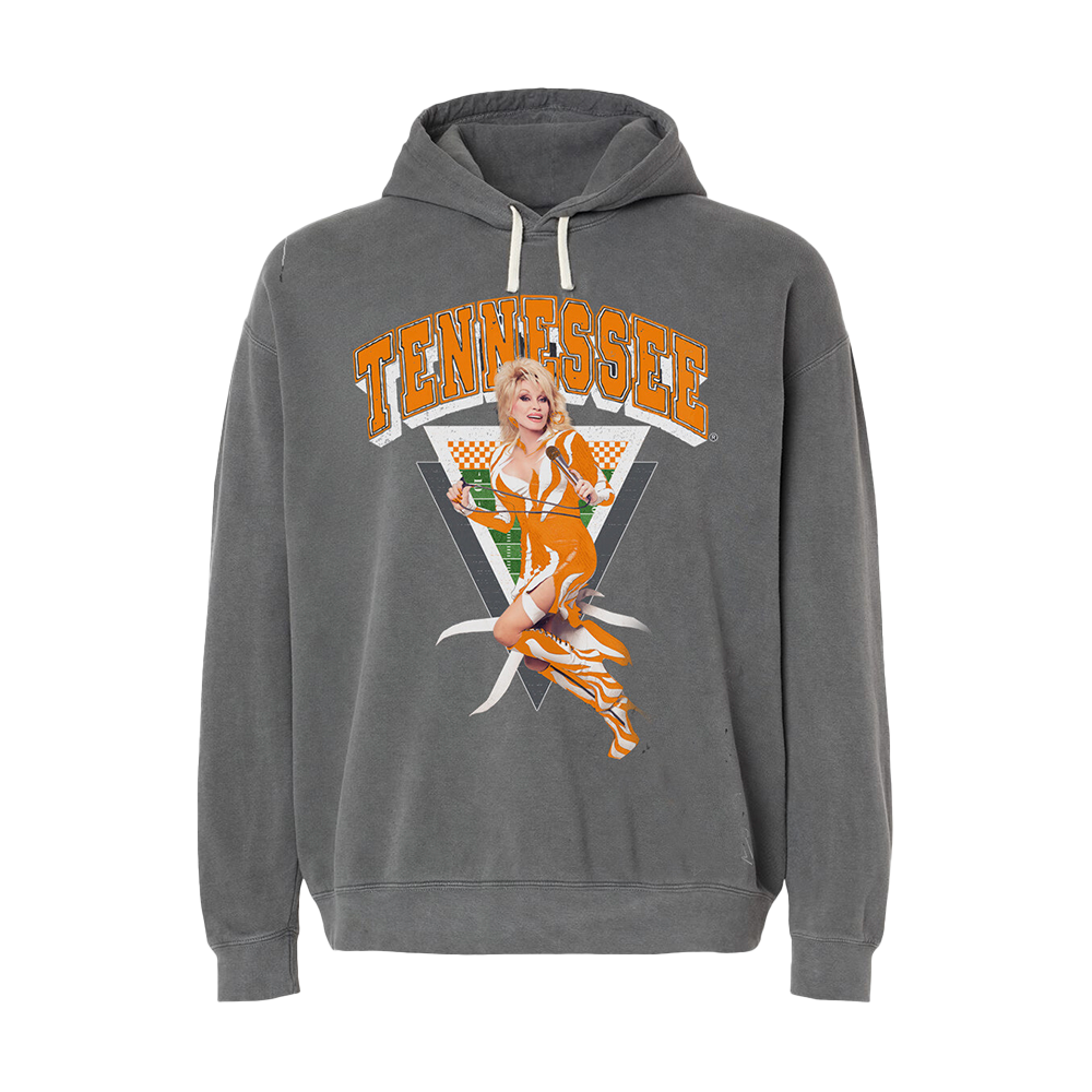 Load image into Gallery viewer, Official Dolly Parton Merchandise. Cotton unisex, grey pullover hoodie featuring a photo of Dolly Parton in the Tennessee Vols colors.
