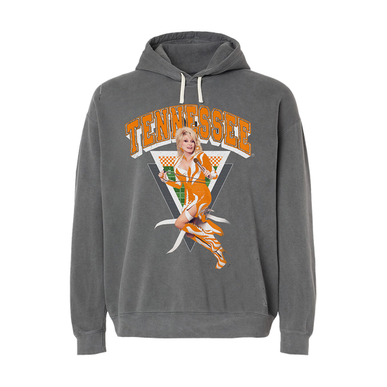 Official Dolly Parton Merchandise. Cotton unisex, grey pullover hoodie featuring a photo of Dolly Parton in the Tennessee Vols colors.