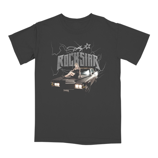 Official Dolly Parton merchandise. Premium 100% cotton unisex t-shirt with a relaxed fit featuring a photo of Dolly Parton sitting on the hood of a Cadillac car and the Rockstar album logo.
