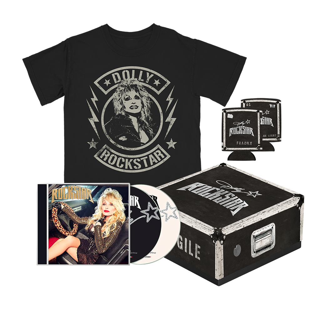 Official Dolly Parton Merchandise. Rockstar Roadie CD Box Set featuring a Rockstar CD, can cooler and a t-shirt.