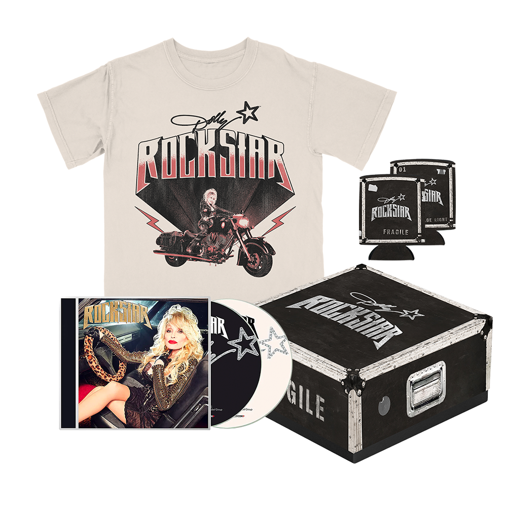 Load image into Gallery viewer, Official Dolly Parton Merchandise. Moto Lightning T-Shirt Rockstar CD Box Set featuring the Rockstar CD, t-shirt and a can cooler.
