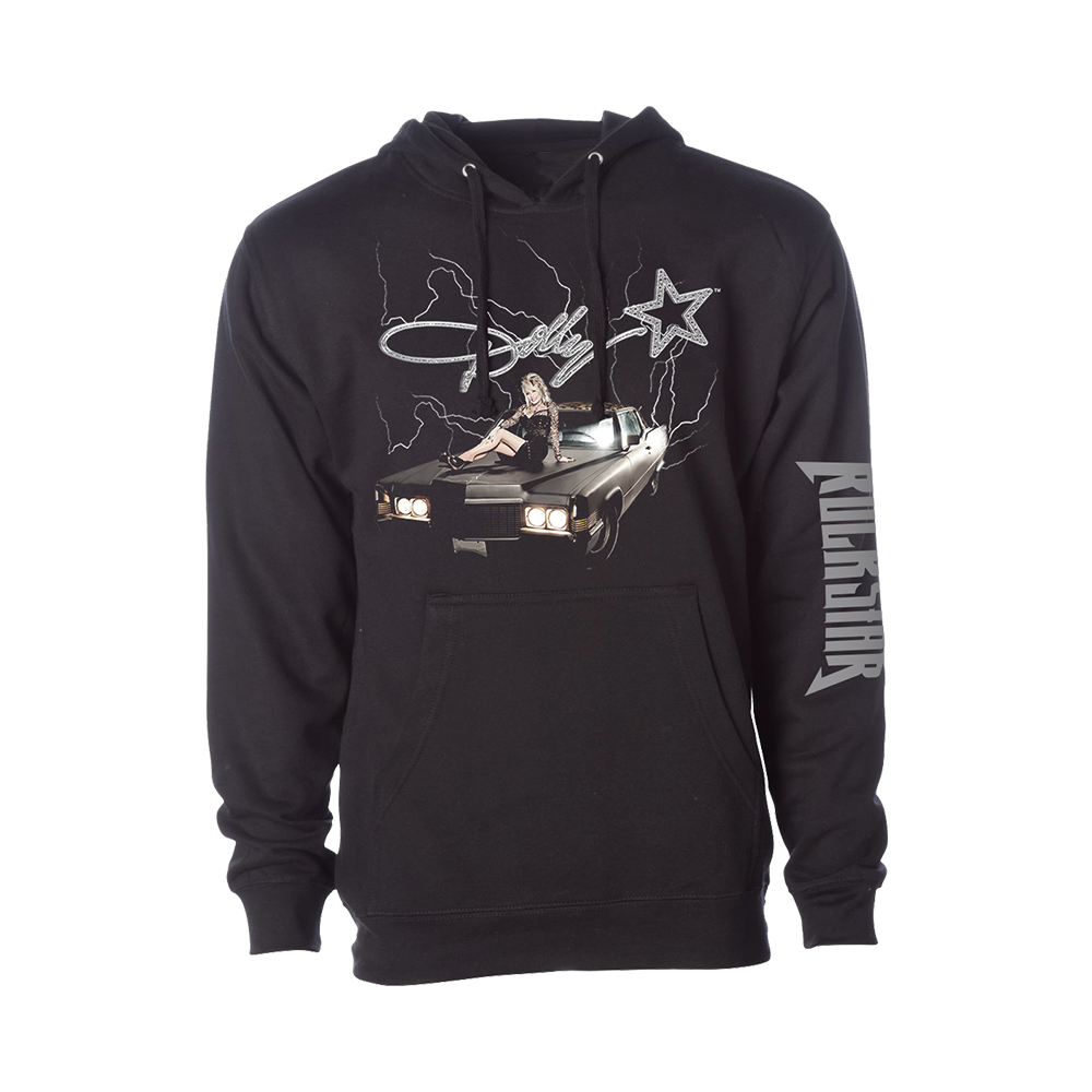 Official Dolly Parton Merchandise. 80% cotton / 20% polyester mid weight unisex pullover hoodie with a slim fit. The print features a photo of Dolly sitting on a classic car and the Rockstar album logo printed on the left sleeve.