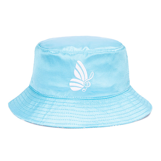 Blue satin bucket hat featuring the Dolly Parton Life of Many Colors logo centered on the front