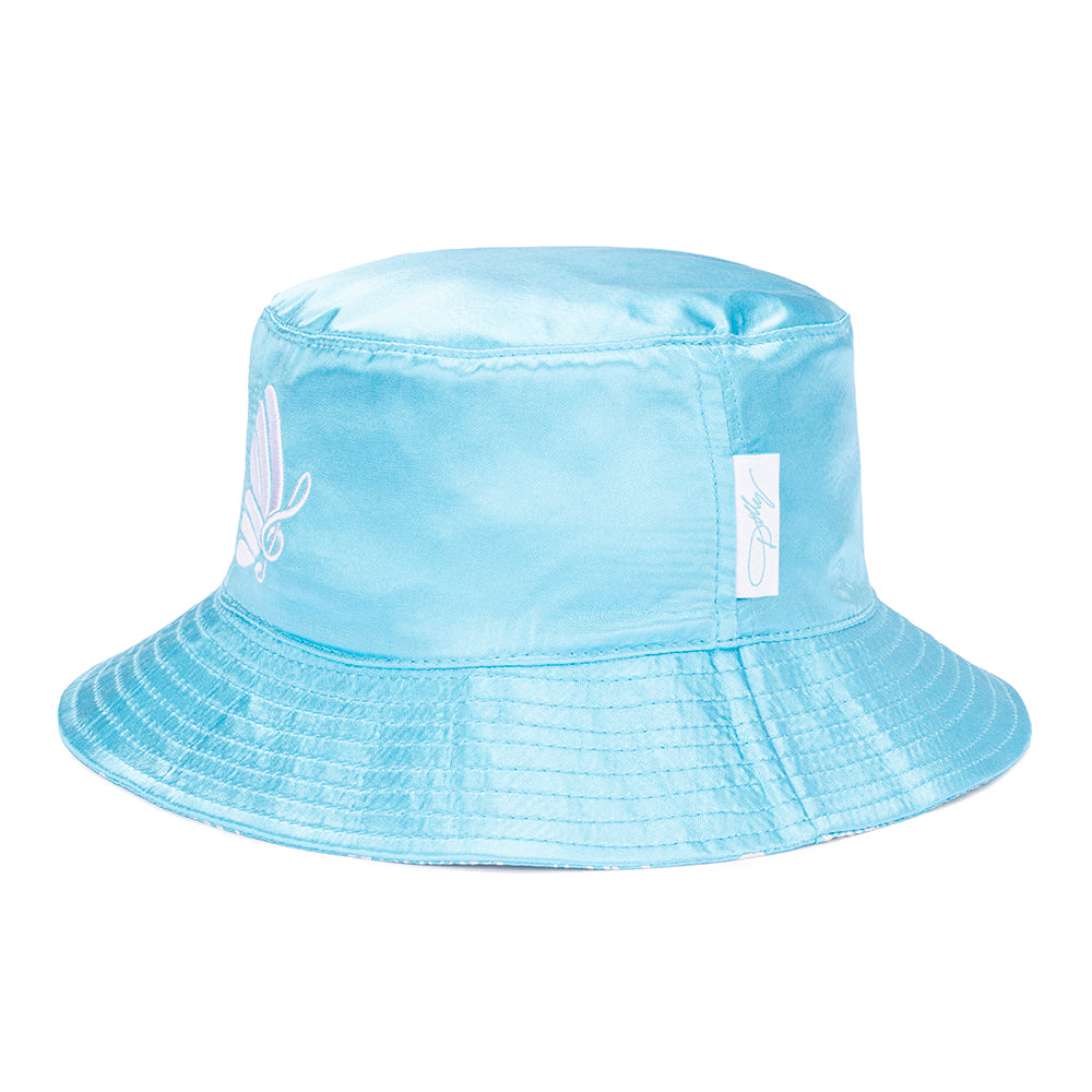 Back view of the blue satin bucket hat in smooth satin fabric