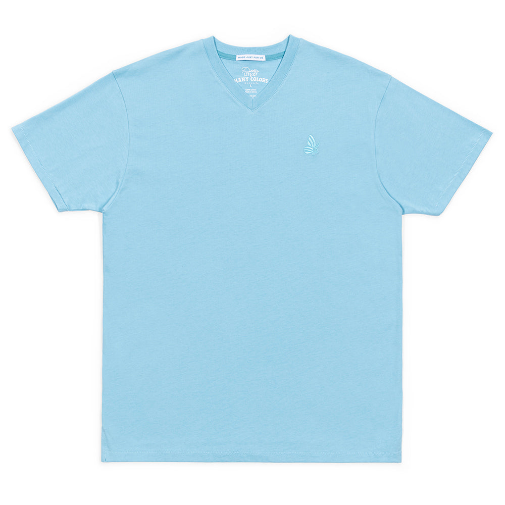 Blue v-neck t-shirt with Dolly Parton branding displayed on the front chest