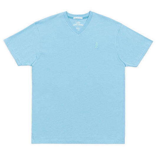 Blue v-neck t-shirt with Dolly Parton branding displayed on the front chest