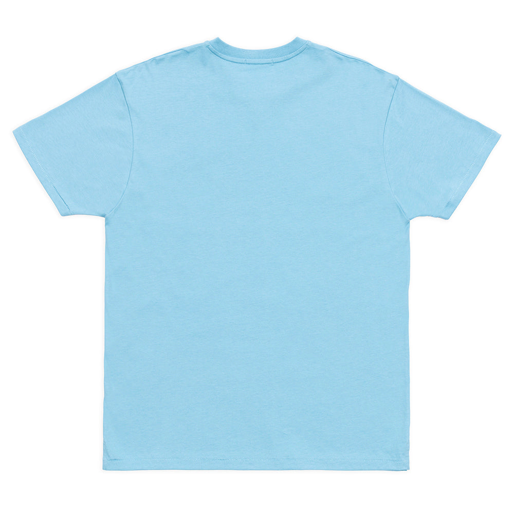 Back view of the solid blue v-neck t-shirt showing the classic fit and hemline