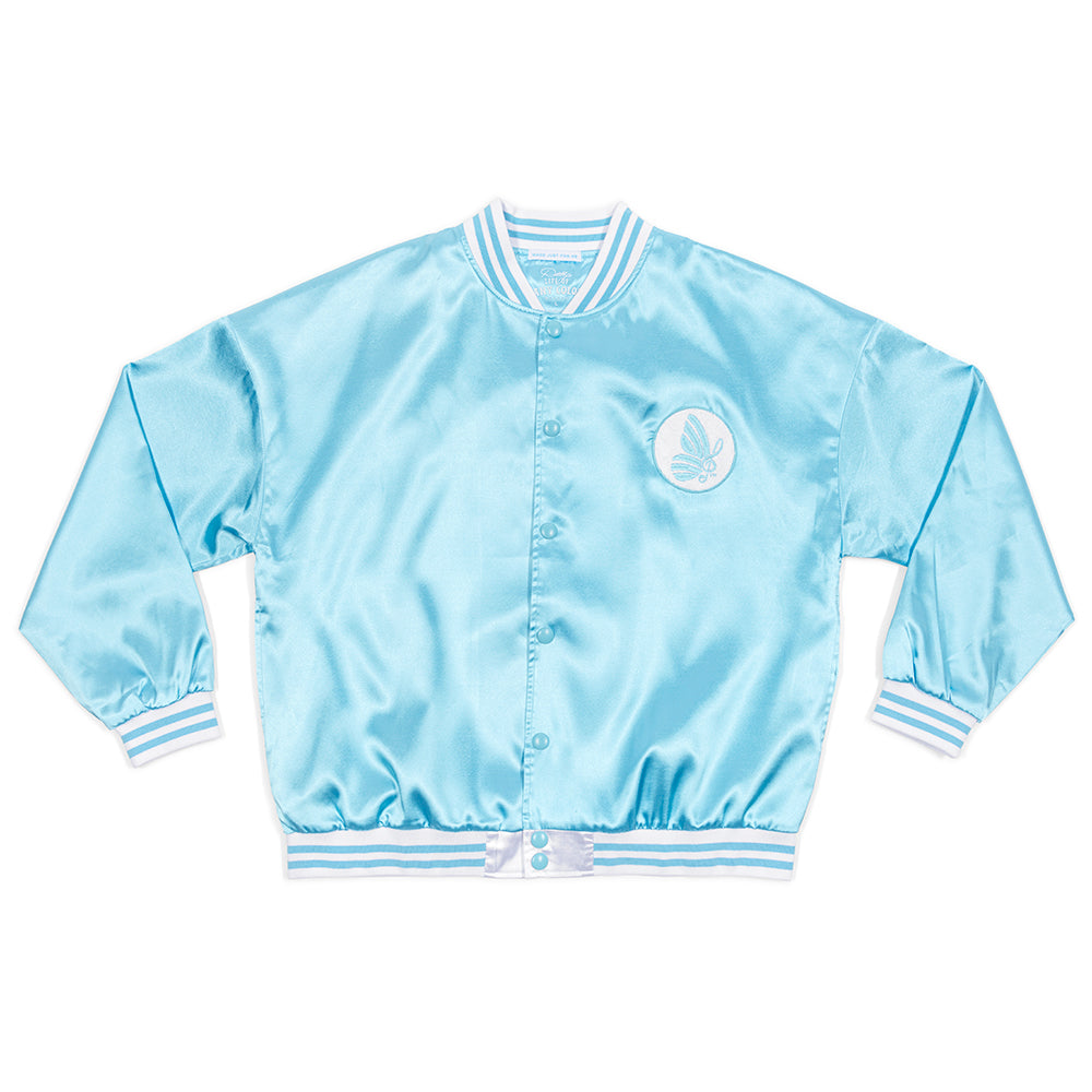 Back view of the blue satin tour jacket showing the smooth satin finish and fit