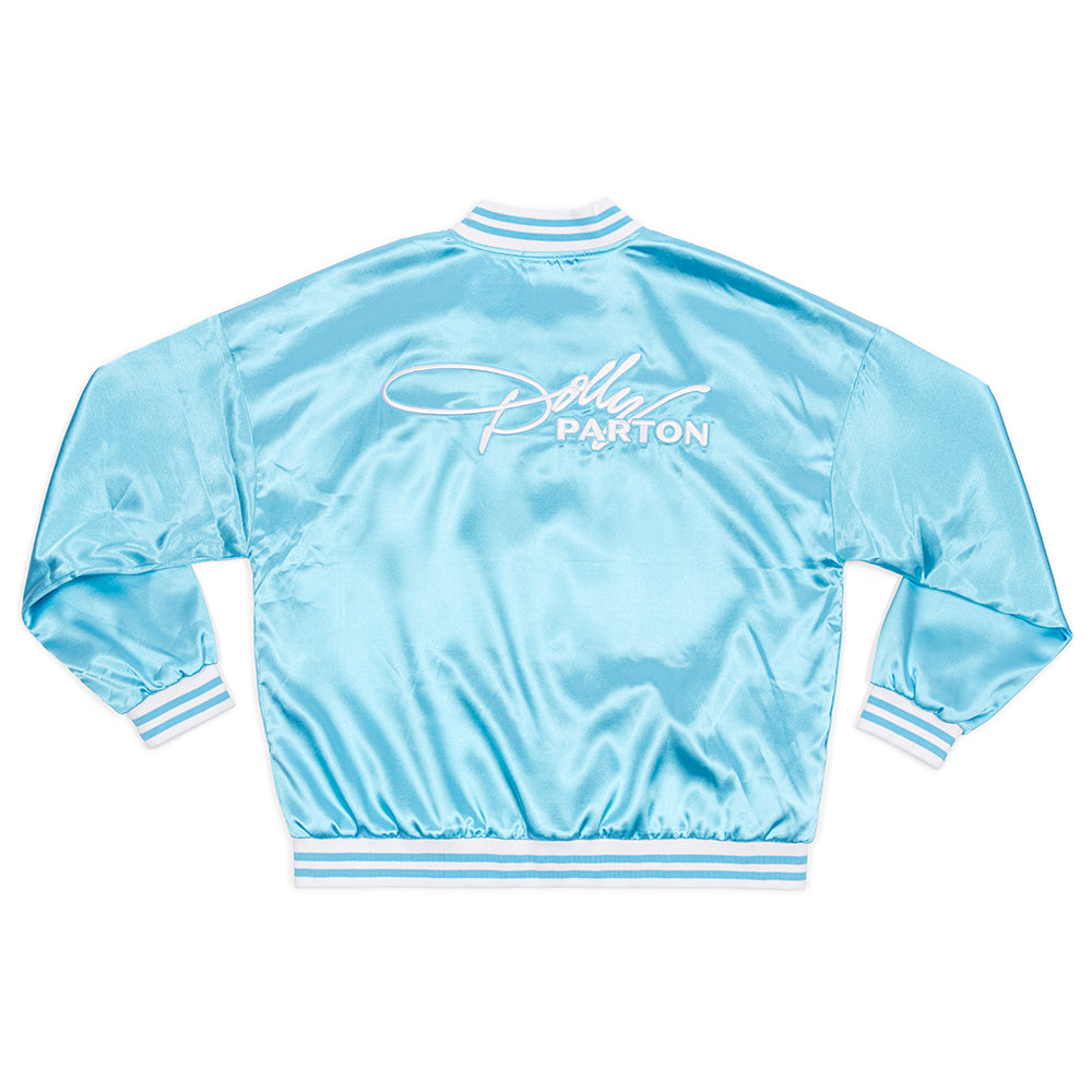 Front view of the blue satin tour jacket featuring smooth satin fabric and classic styling