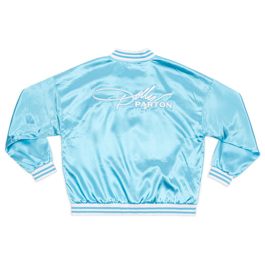 Front view of the blue satin tour jacket featuring smooth satin fabric and classic styling