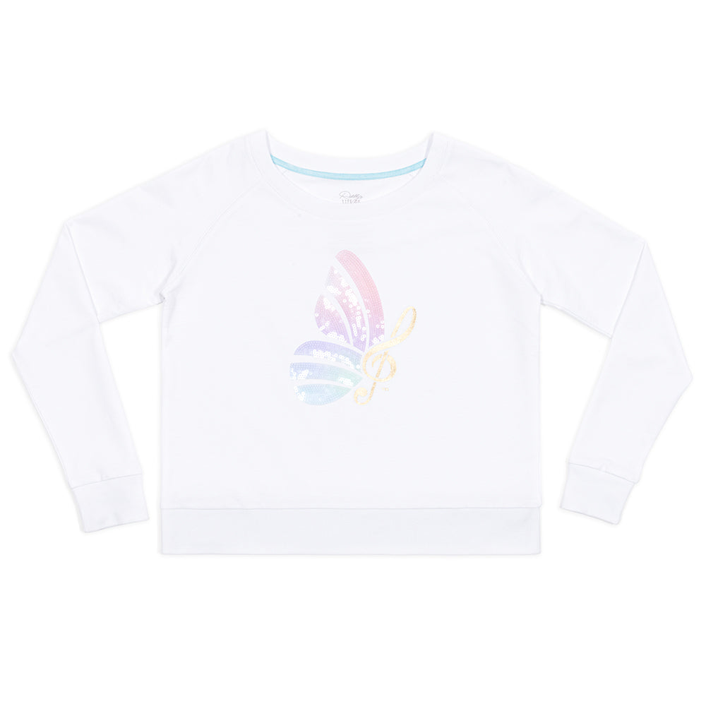 White cotton women's pullover sweater featuring sparkling sequin detailing on the front