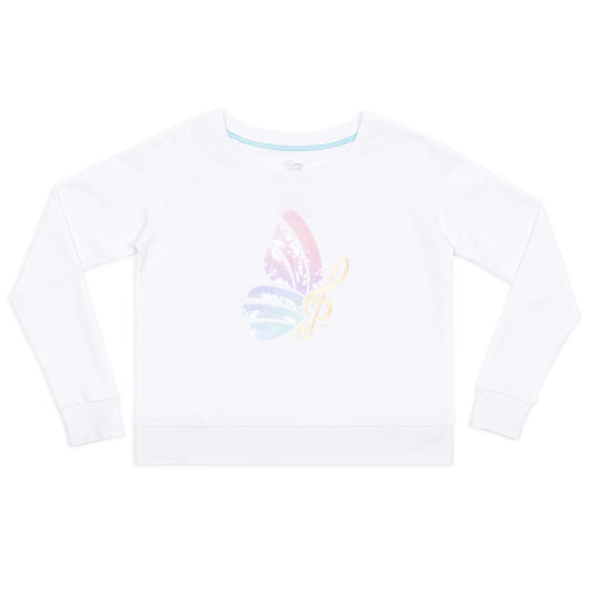 White cotton women's pullover sweater featuring sparkling sequin detailing on the front