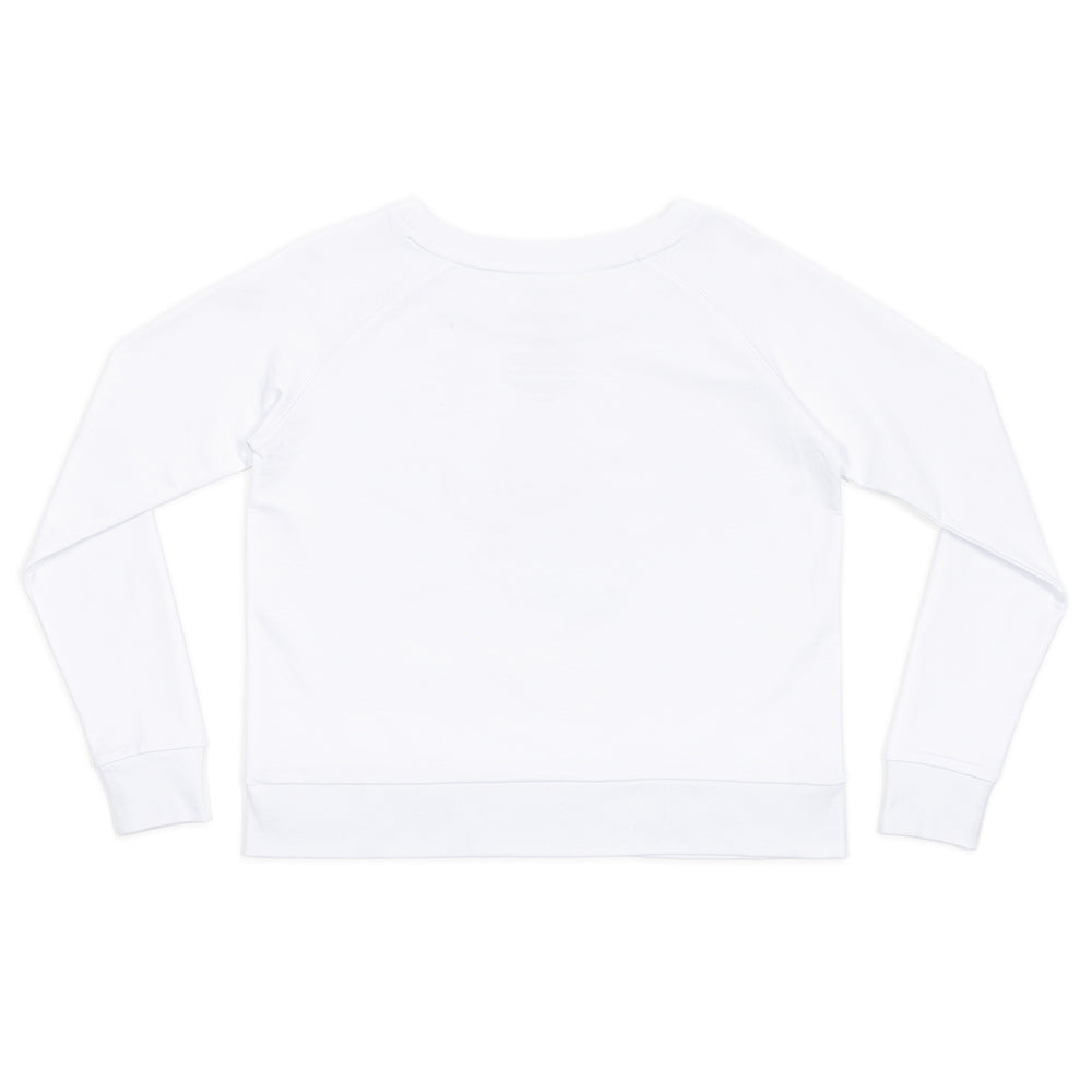 Back view of the solid white cotton women's pullover sweater