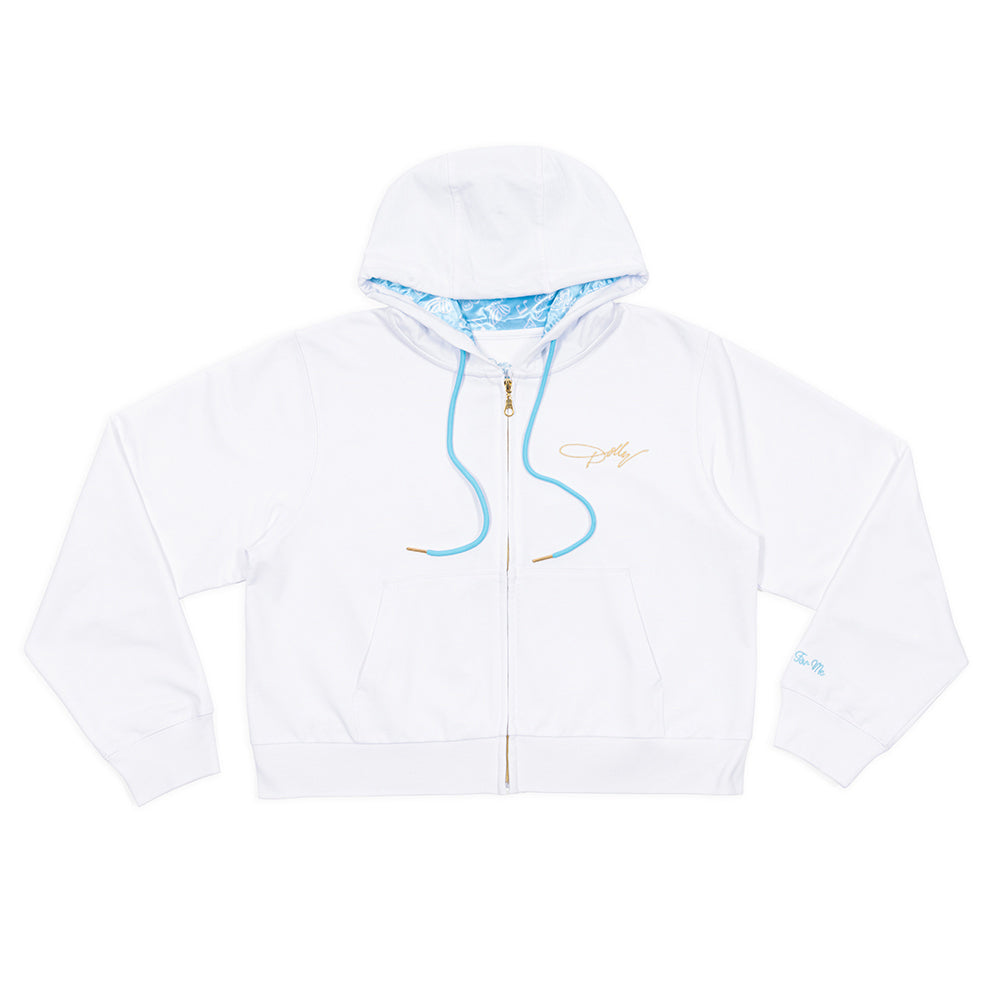 White zip-front hoodie featuring Dolly Parton branding on the front chest
