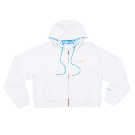White zip-front hoodie featuring Dolly Parton branding on the front chest