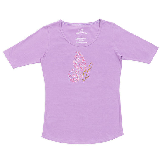 Front view of the purple Dolly Parton rhinestone scoop neck t-shirt with sparkly rhinestone detailing