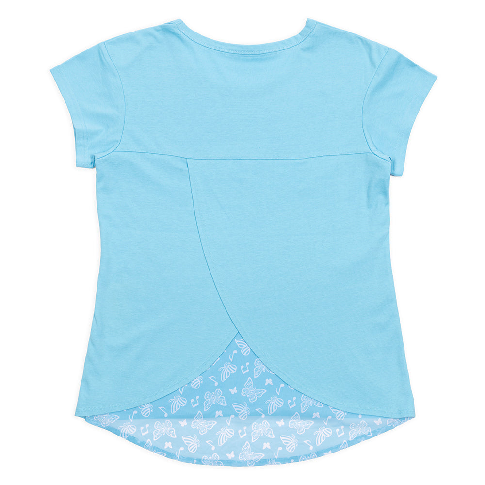 Back view of the blue t-shirt showing the graceful tulip hem detail