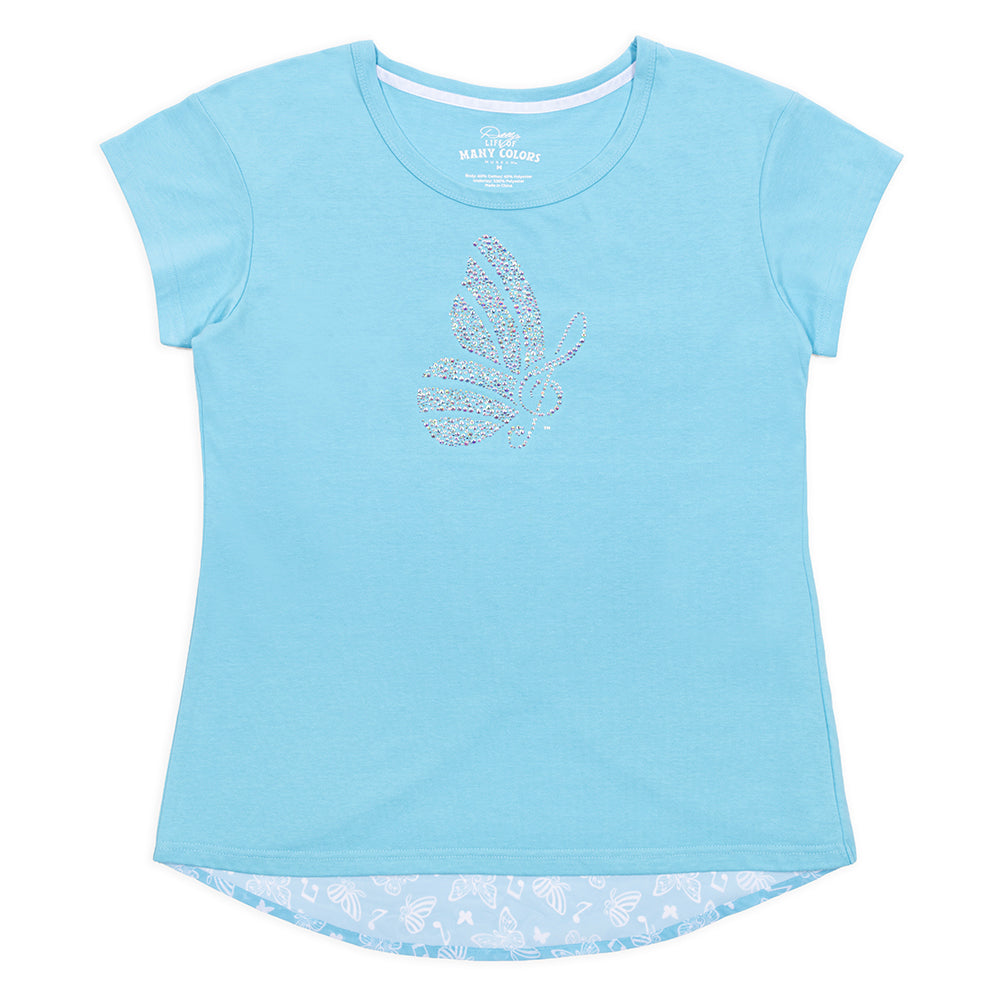 Front view of the blue Dolly Parton rhinestone tulip back t-shirt