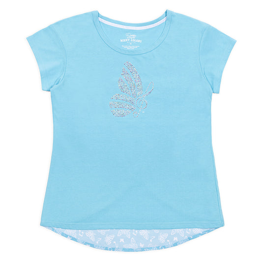 Front view of the blue Dolly Parton rhinestone tulip back t-shirt