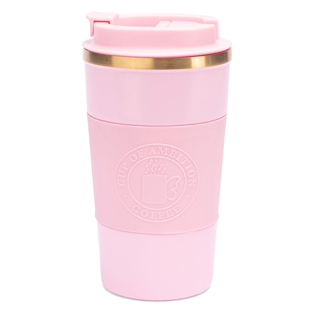 Stainless steel tumbler featuring the Dolly Parton Cup of Ambition design on a black finish