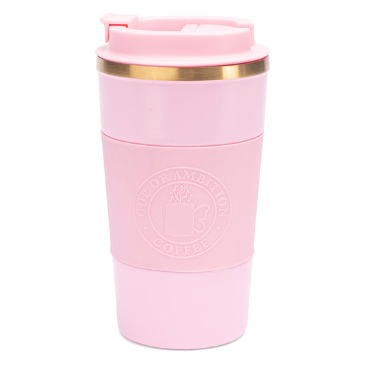 Stainless steel tumbler featuring the Dolly Parton Cup of Ambition design on a black finish