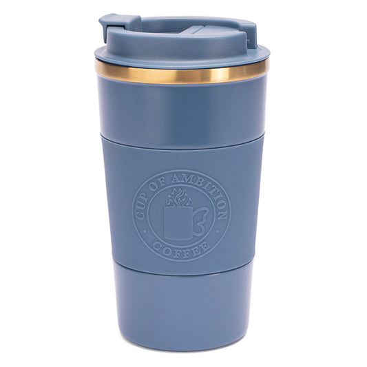 Front view of the Cup of Ambition stainless steel coffee tumbler in black