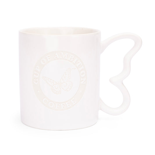 White ceramic mug with laser etching and a sculpted butterfly handle, front view