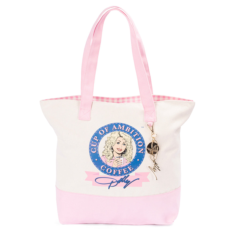 Natural canvas tote bag featuring the Cup of Ambition graphic centered on the front