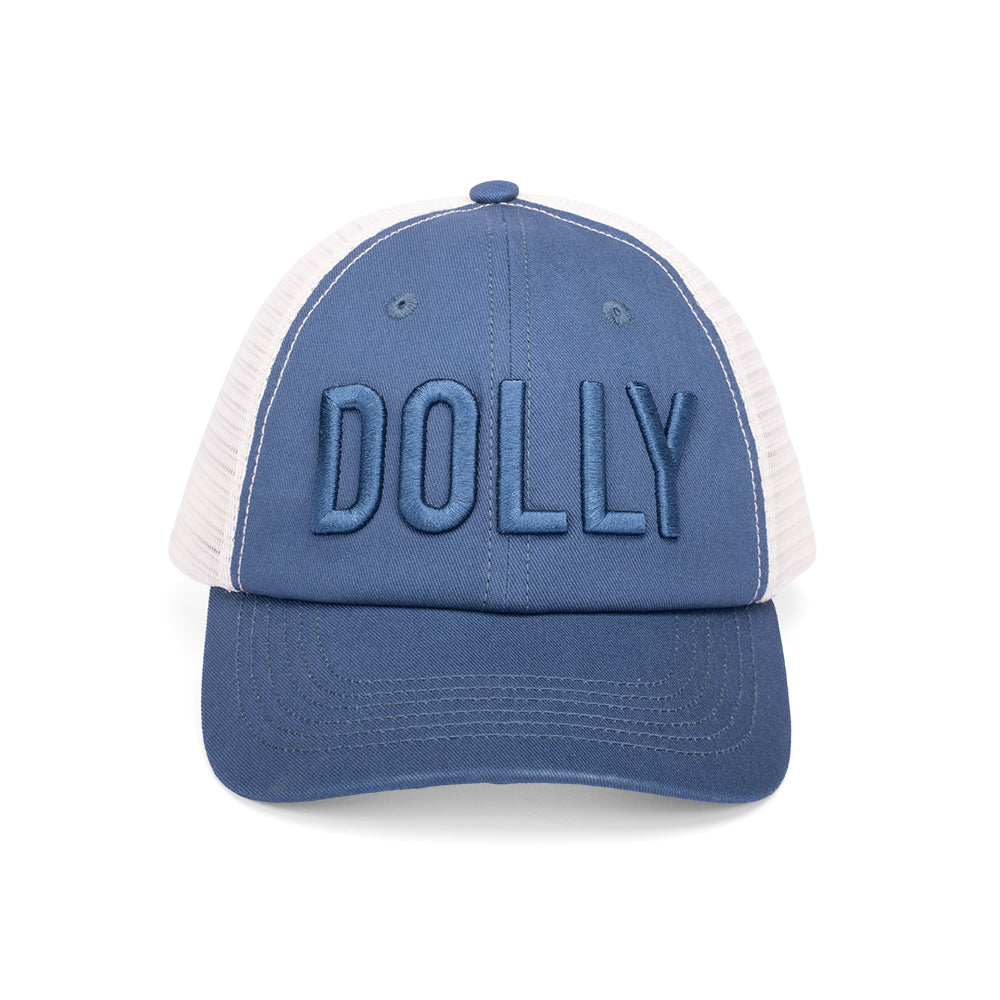 Front view of the navy Dolly Parton trucker hat featuring a raised 3D logo centered on the crown